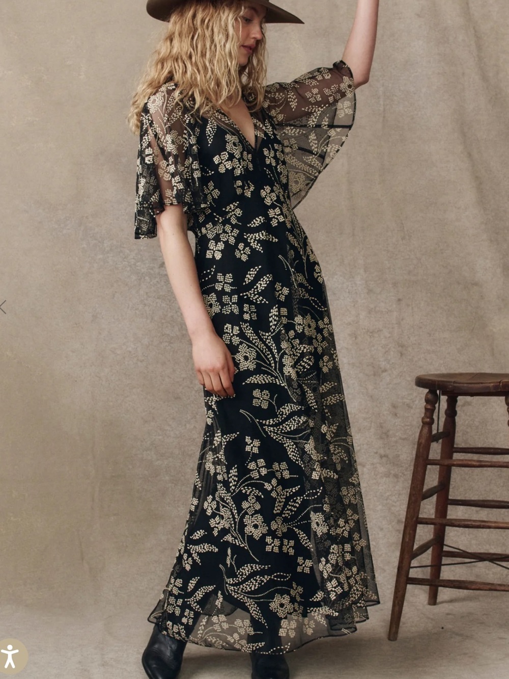 THE GREAT Short Sleeve Brocade Maxi Dress Festal New Medium Black White Floral